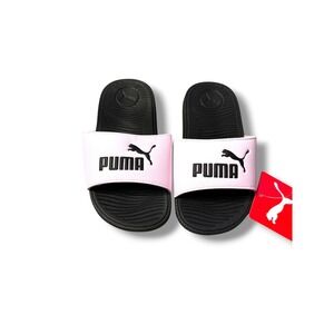 Puma Slide Sandals Girls Size 12C Pink Black Logo Slip On Lightweight NEW